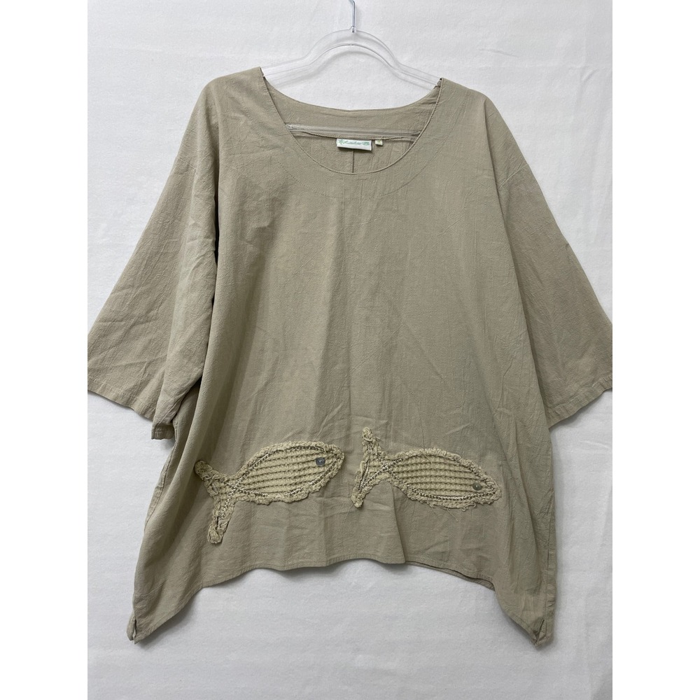 Lulu-B Cotton Top 1X Khaki Tan Fish Crochet Applique Coastal Relaxed Fit